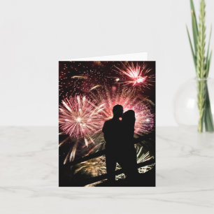 Fireworks Couple Kissing Silhouette Kort