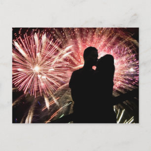 Fireworks Couple Kissing Silhouette Vykort