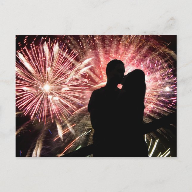 Fireworks Couple Kissing Silhouette Vykort (Framsida)
