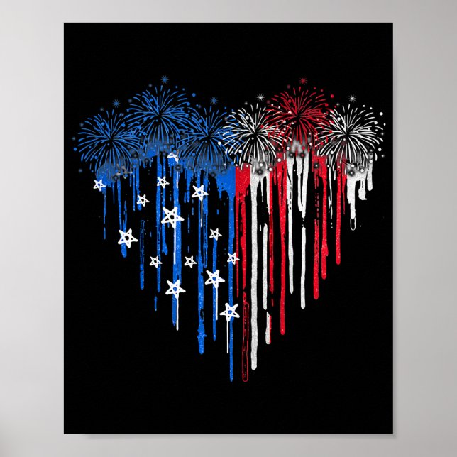 Fireworks Dripping Heart American Flagga Patriotic Poster (Framsidan)
