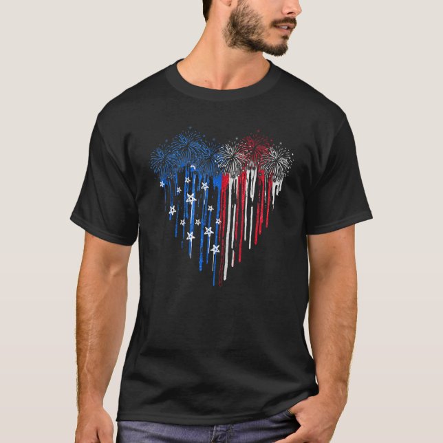 Fireworks Dripping Heart American Flagga Patriotic T Shirt (Framsida)