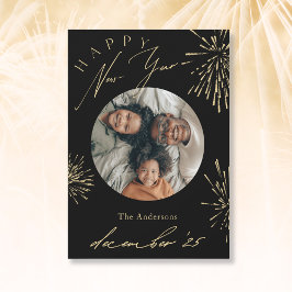 Fireworks-foto för Gott nytt år Black Guld Julkort