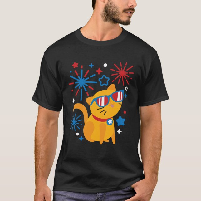 Fireworks Meowica 4th Of July USA Flag Merica Cat T Shirt (Framsida)