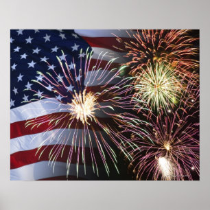 Fireworks och American flagga Poster
