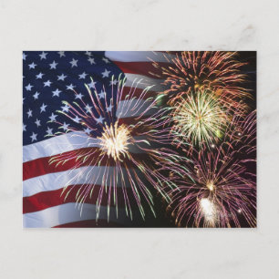 Fireworks och American flagga Vykort