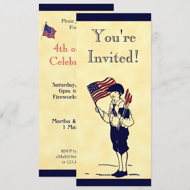 Fireworks och Flagga 4:e juli-Anpassningsbar-inbju Inbjudningar (Fram/baksida)