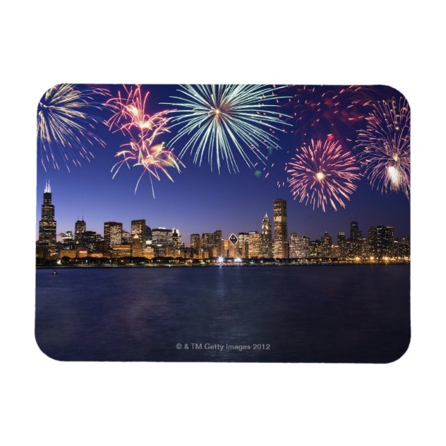 Fireworks över Chicago skyline 2 Magnet (Horisontell)