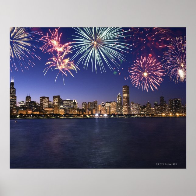 Fireworks över Chicago skyline 2 Poster (Framsidan)