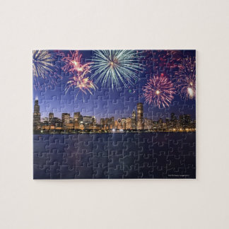 Fireworks över Chicago skyline 2 Pussel