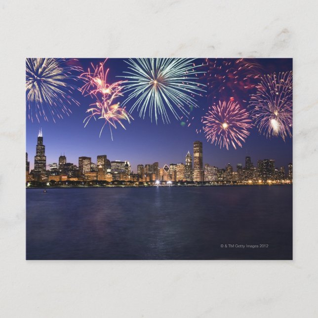 Fireworks över Chicago skyline 2 Vykort (Framsida)