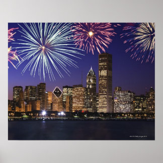Fireworks över Chicago skyline Poster