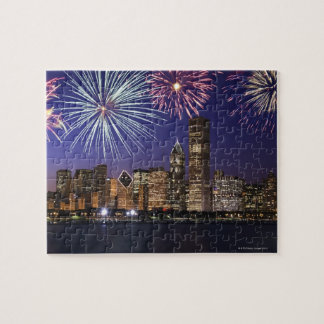 Fireworks över Chicago skyline Pussel