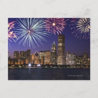 Fireworks över Chicago skyline Vykort