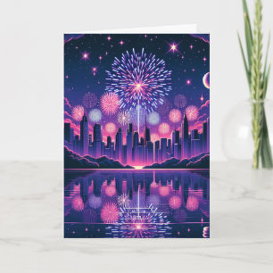 Fireworks över City Skyline Fjärde juli Kort