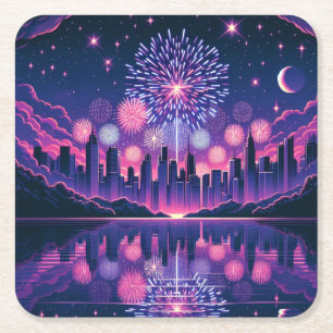 Fireworks över City Skyline Fjärde juli Underlägg Papper Kvadrat