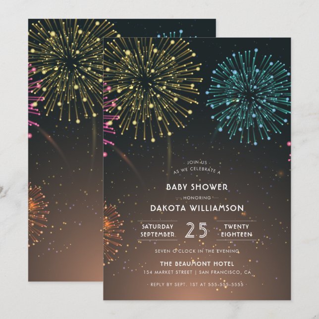 Fireworks Party| Modern babykläder av typografi Inbjudningar (Fram/baksida)