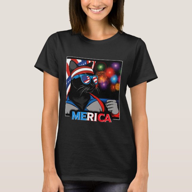Fireworks Patriotic Black Cat T Shirt (Framsida)