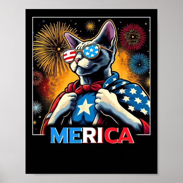 Fireworks Patriotic Devon Rex Cat Merica Poster (Framsidan)