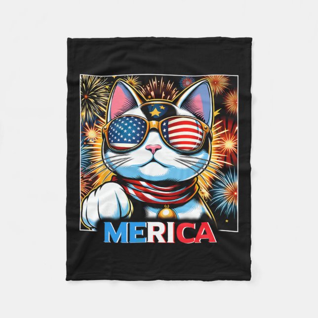 Fireworks Patriotic Maneki Neko Cat Merica Fleecefilt (Framsidan)