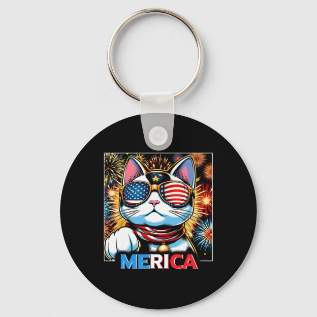 Fireworks Patriotic Maneki Neko Cat Merica Nyckelring (Framsida)