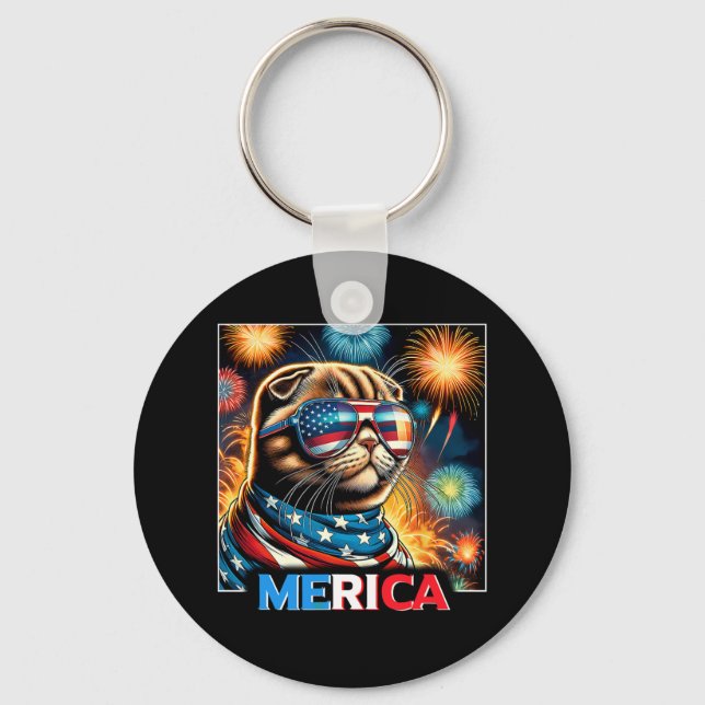 Fireworks Patriotic Scottish Fold Cat Merica Nyckelring (Framsida)