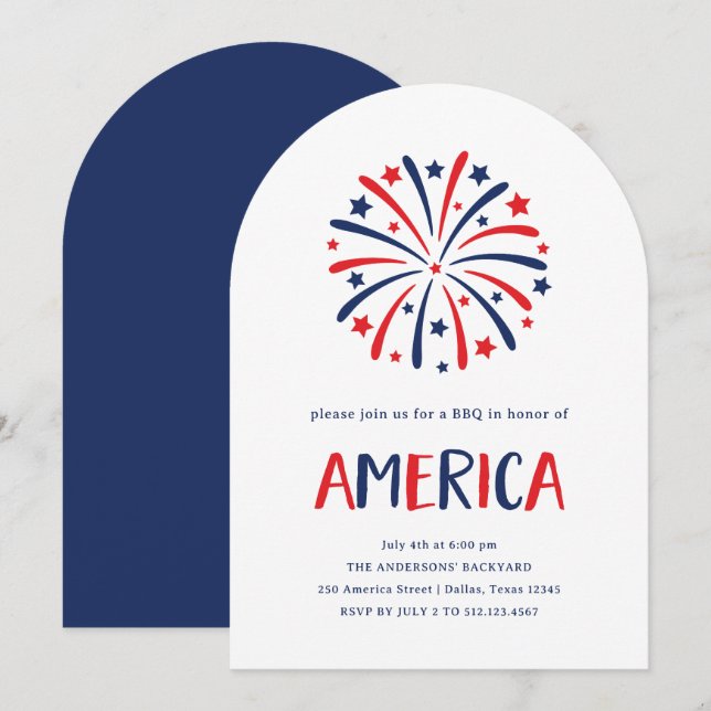 Fireworks | Red White och Blue 4:e juli Party Inbjudningar (Fram/baksida)