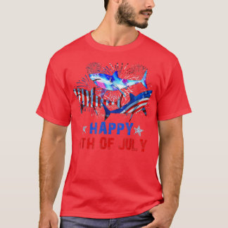 Fireworks Rött vitt blått tre hajar Lycklig 4 av T Shirt