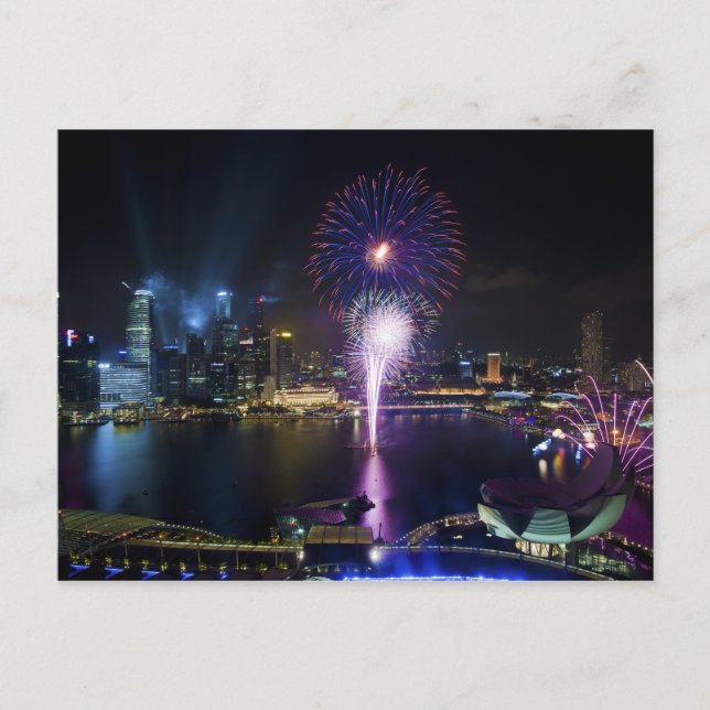 Fireworks Show in Boat Quay Singapore City Skyline Vykort (Framsida)