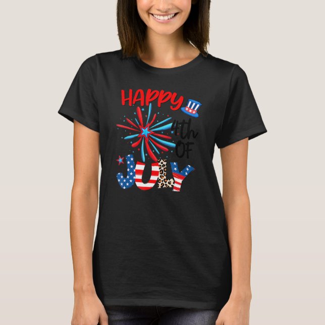 Fireworks Star Leopard Fireworks American Lycklig  T Shirt (Framsida)