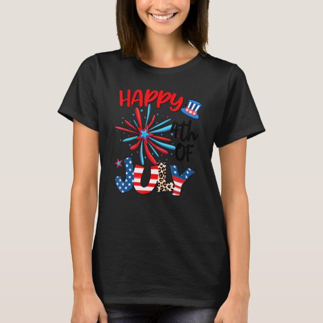 Fireworks Star Leopard Fireworks American Lycklig  T Shirt (Framsida)