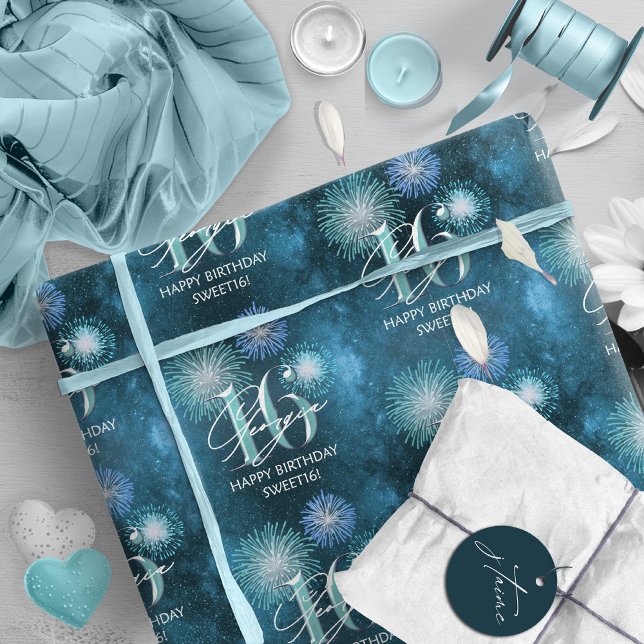Fireworks Sweet 16 Teal ID984 Presentpapper (Skapare uppladdad)