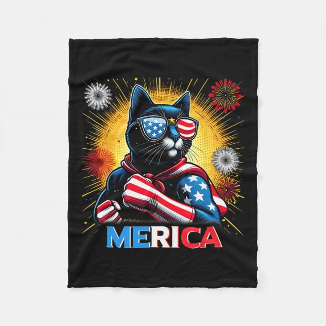Fireworks US Flagga Patriotic Black Cat Fleecefilt (Framsidan)
