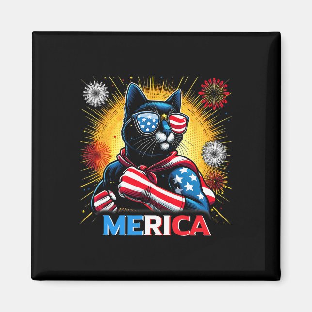 Fireworks US Flagga Patriotic Black Cat Magnet (Framsidan)