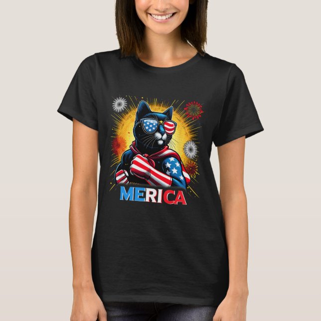 Fireworks US Flagga Patriotic Black Cat T Shirt (Framsida)