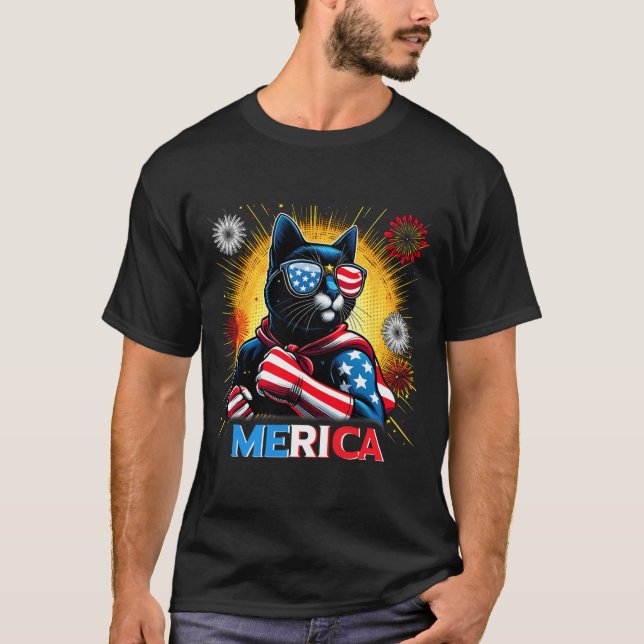 Fireworks US Flagga Patriotic Black Cat T Shirt (Framsida)