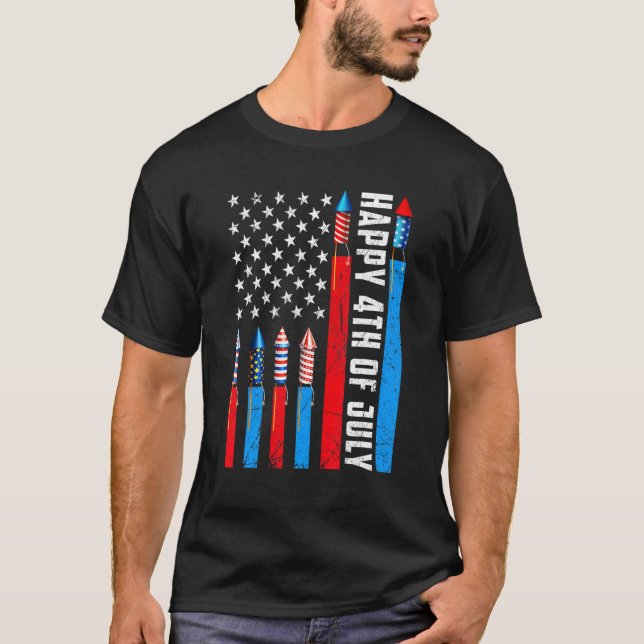 Fireworks USA flagga Patriotic American Lycklig 4: T Shirt (Framsida)