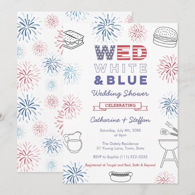 Fireworks Wed White Blue Cookout Par Shower Inbjudningar (Fram/baksida)