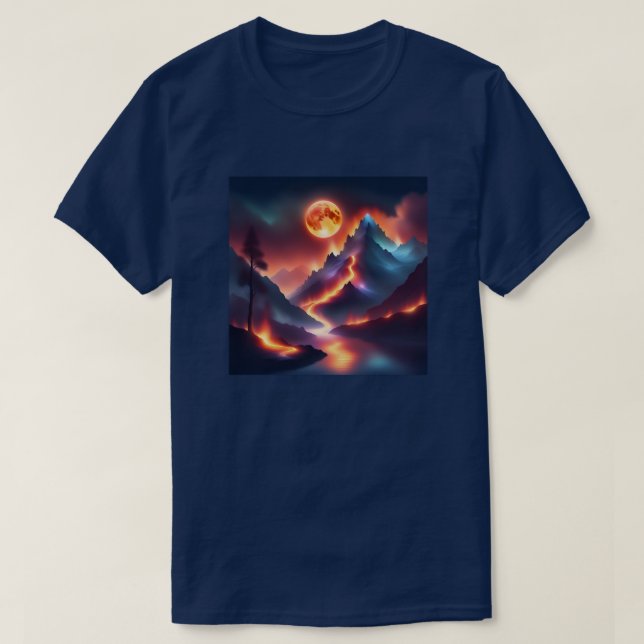 Firey Mountain Night Apocalyptic Träd Stream T Shirt (Design framsida)