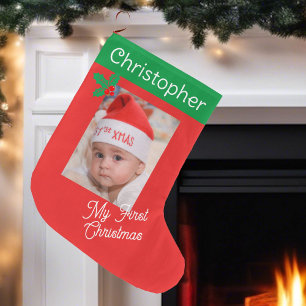 First Baby Photo Custom Name Boy eller Girl Stor Julstrumpa
