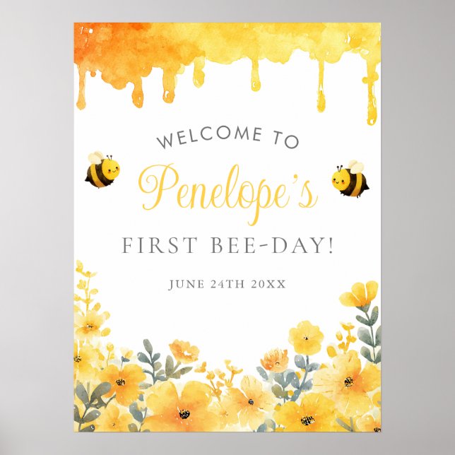 First Bee Day 1st Birthday Welcome Sign Poster (Framsidan)