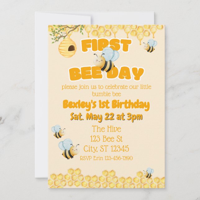 First Bee Day, Bumble Bee 1st Birthday Inbjudningar (Framsida)