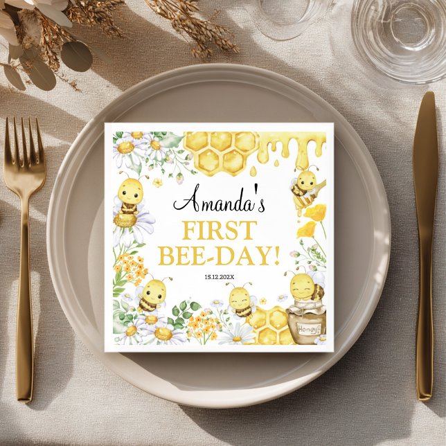 First Bee Day Floral Bumblebee Birthday Party Pappersservett (Skapare uppladdad)