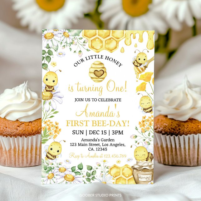 First Bee Day Floral Honey Bee Birthday Party Inbjudningar (Skapare uppladdad)