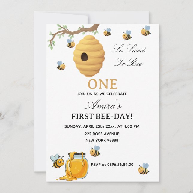 First Bee Day yellow honey 1st Birthday Inbjudningar (Framsida)