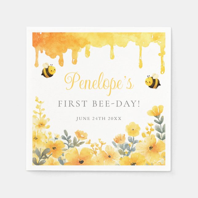 First Bee Day Yellow Wildflowers 1st Birthday Pappersservett (Framsidan)
