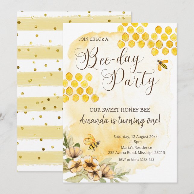 First Bee Födelsedagsfest inbjudan (Fram/baksida)