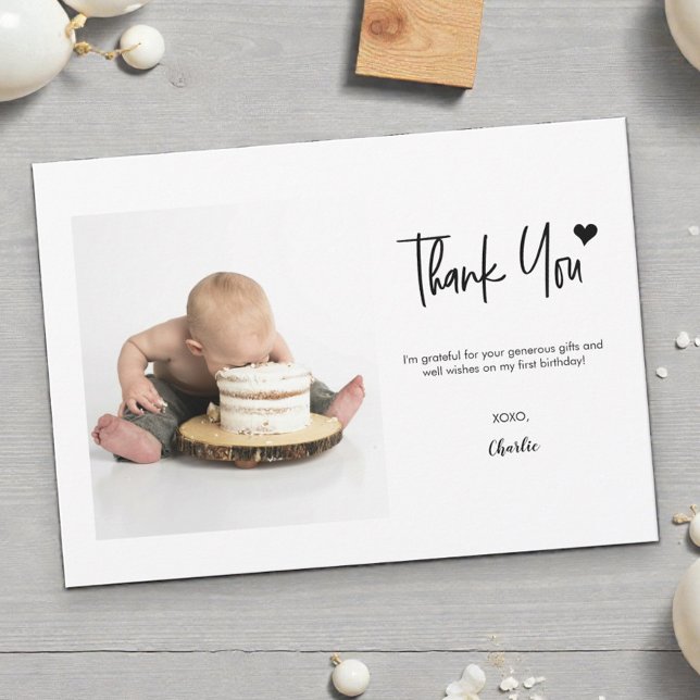 First Birthday Custom Photo Modern handlettering  Tack Kort (Photo first birthday thank you for coming to my party card templates.)