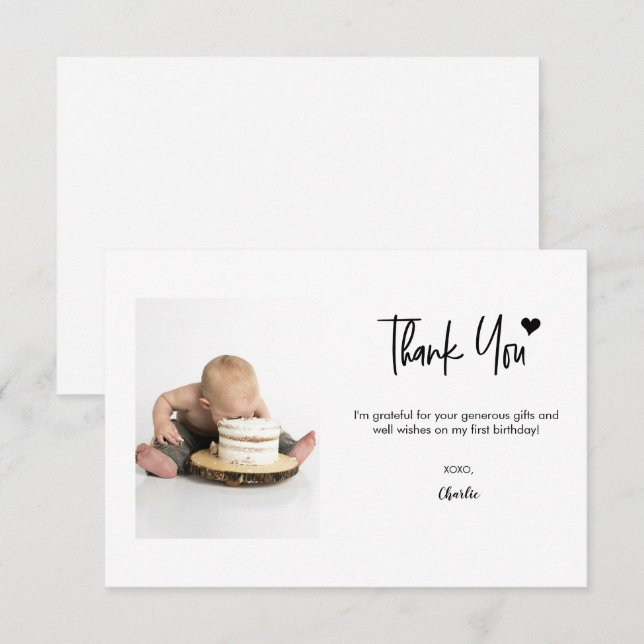 First Birthday Custom Photo Modern script note  Tack Kort (Fram/baksida)