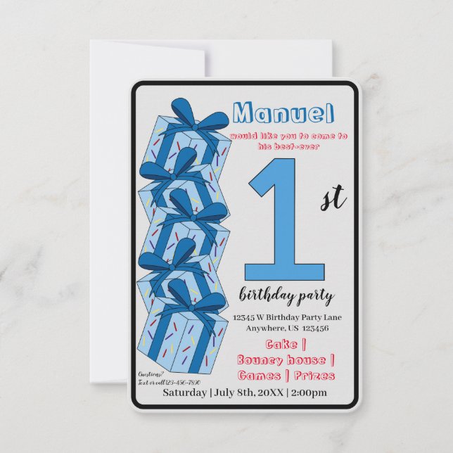First Birthday Invitation Custom Blue Gift Theme Inbjudningar (Framsida)