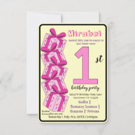 First Birthday Invitation Custom Pink Gift Theme  Inbjudningar